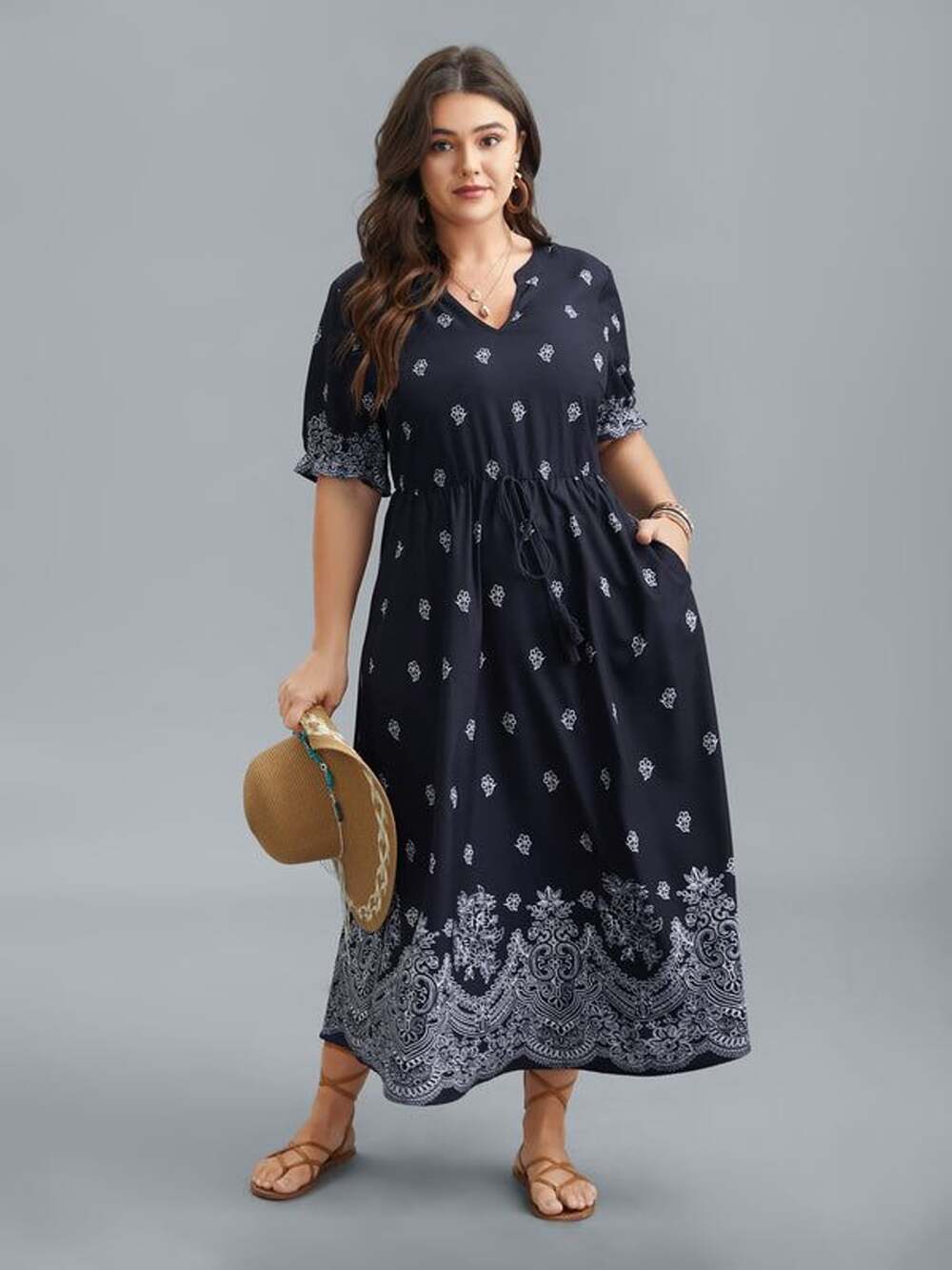 BloomChicPlus Size 30 6X Blue Floral Pri Dress with Pockets